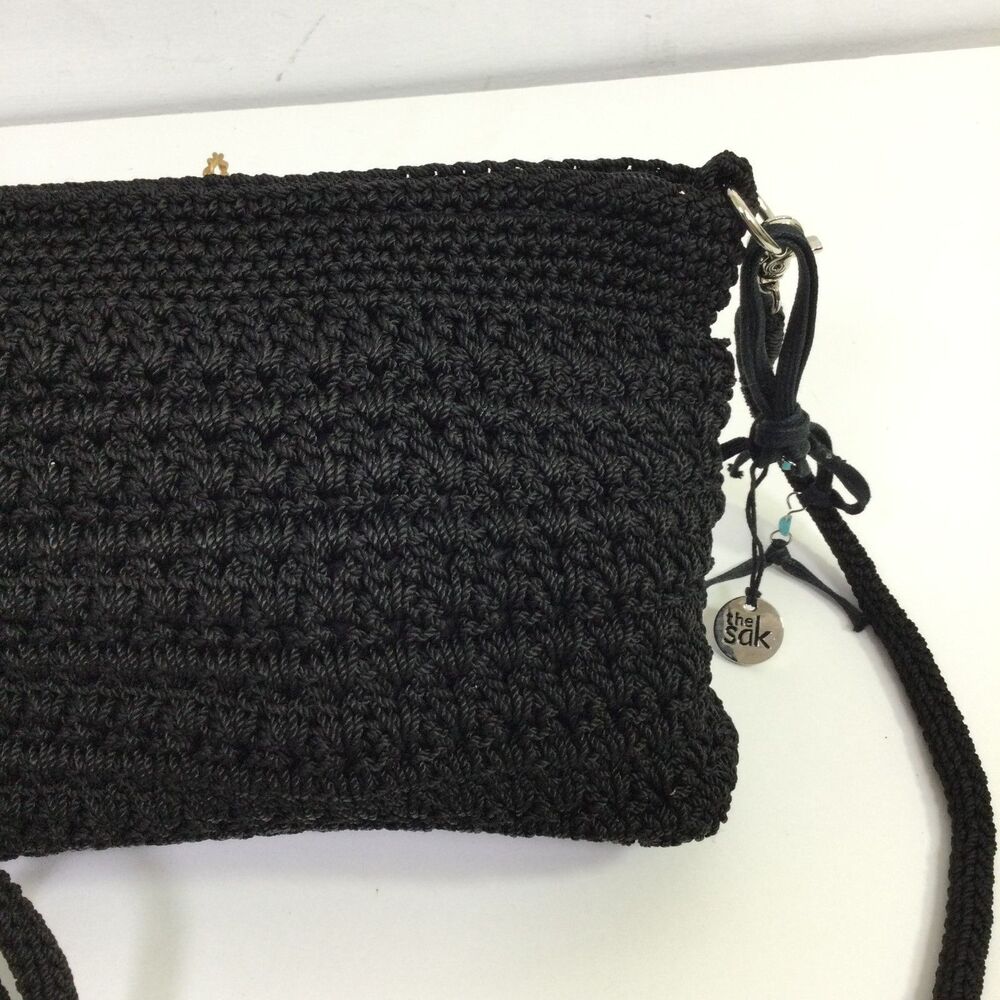 The Sak Black Hand Crochet Crossbody Bag Vintage Knit Purse Zip Top Silver Charm - Picture 3 of 12